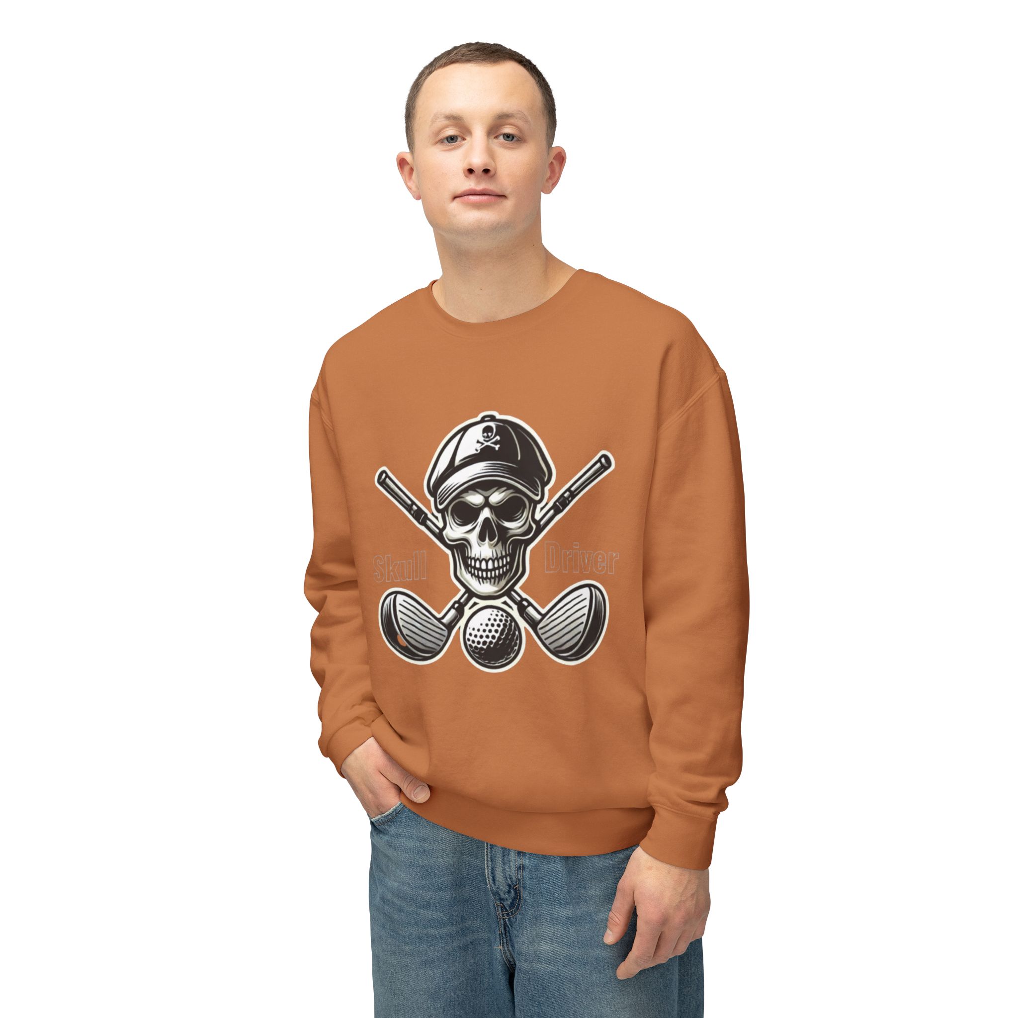 Unisex Skull and Driver crewneck jumper, offering comfort and style for golf enthusiasts.