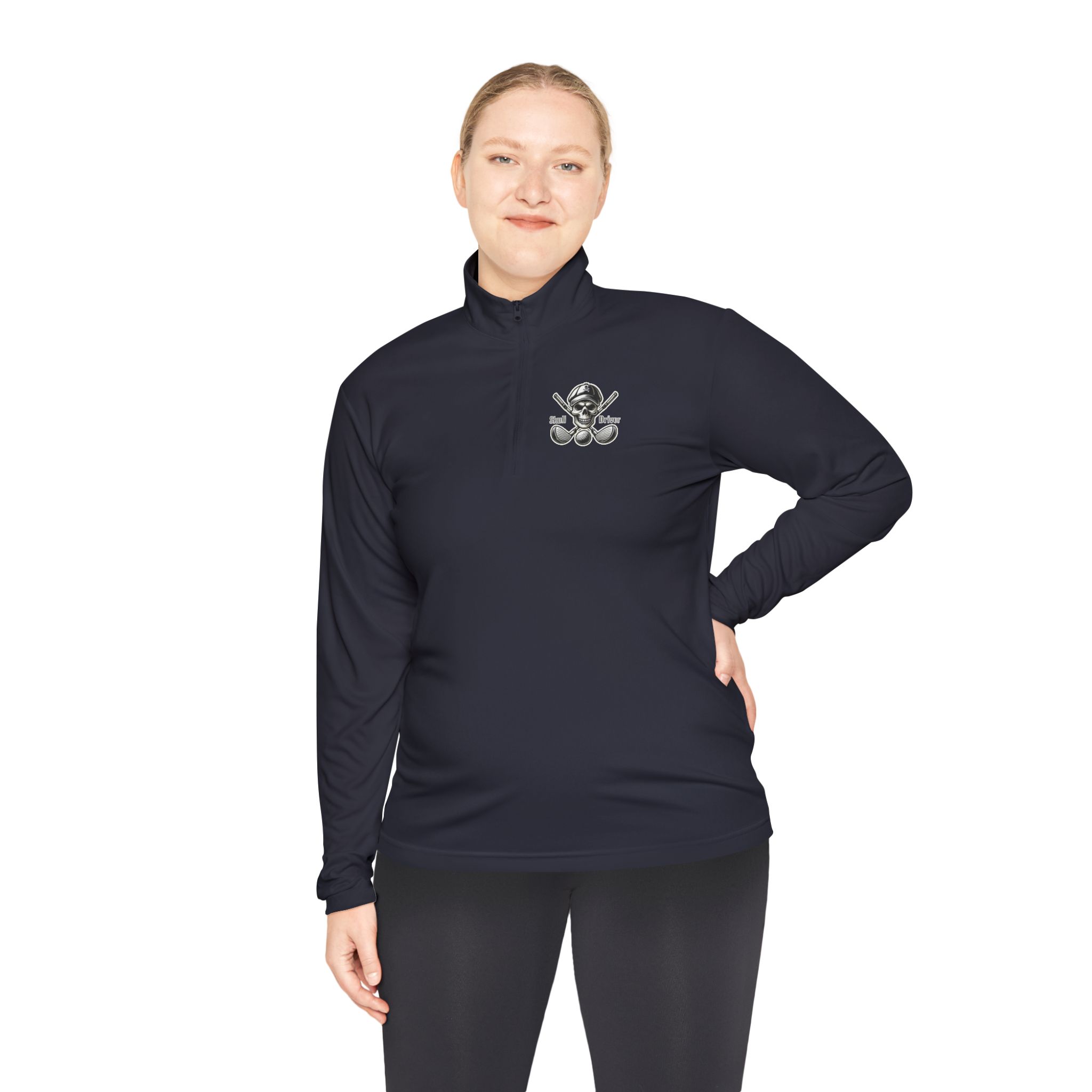 Woman wearing a Skull and Driver unisex zip sports top, perfect for golf and active lifestyles.