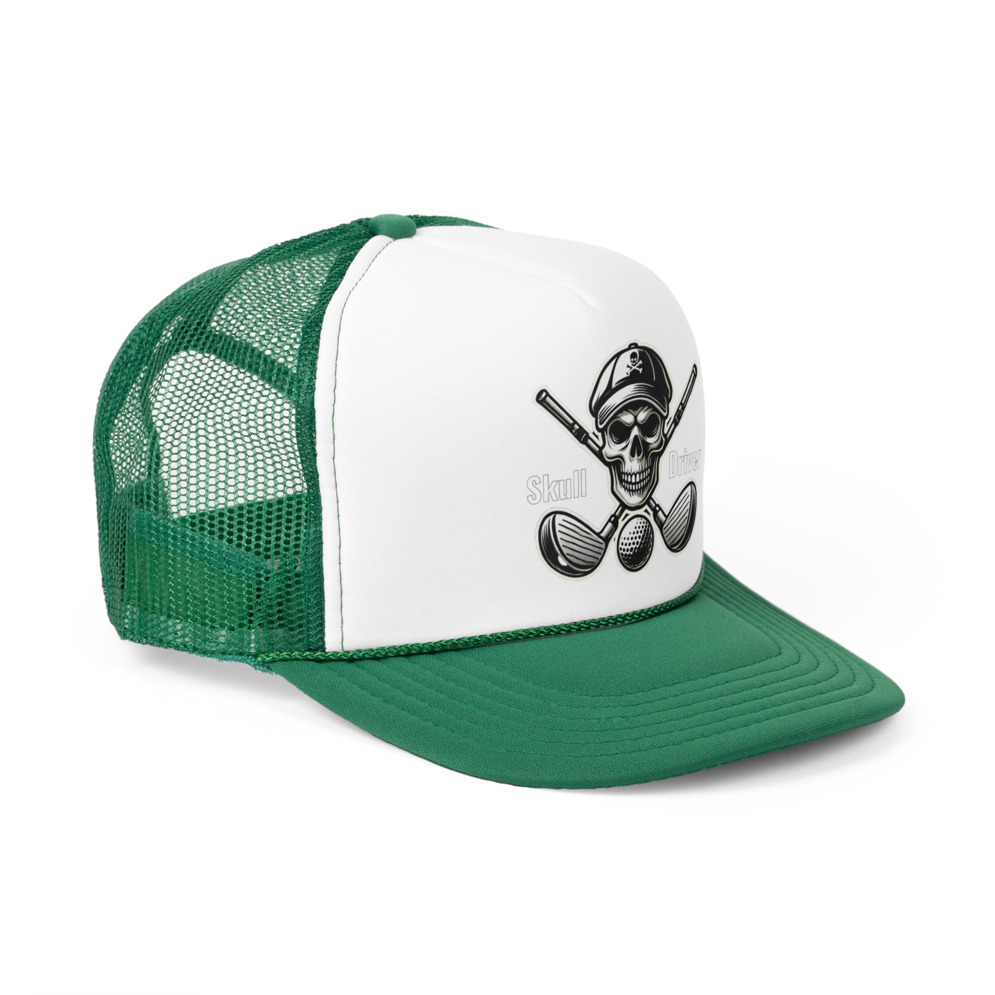 a Skull and Driver trucker cap on a golf course, showcasing stylish golf apparel.