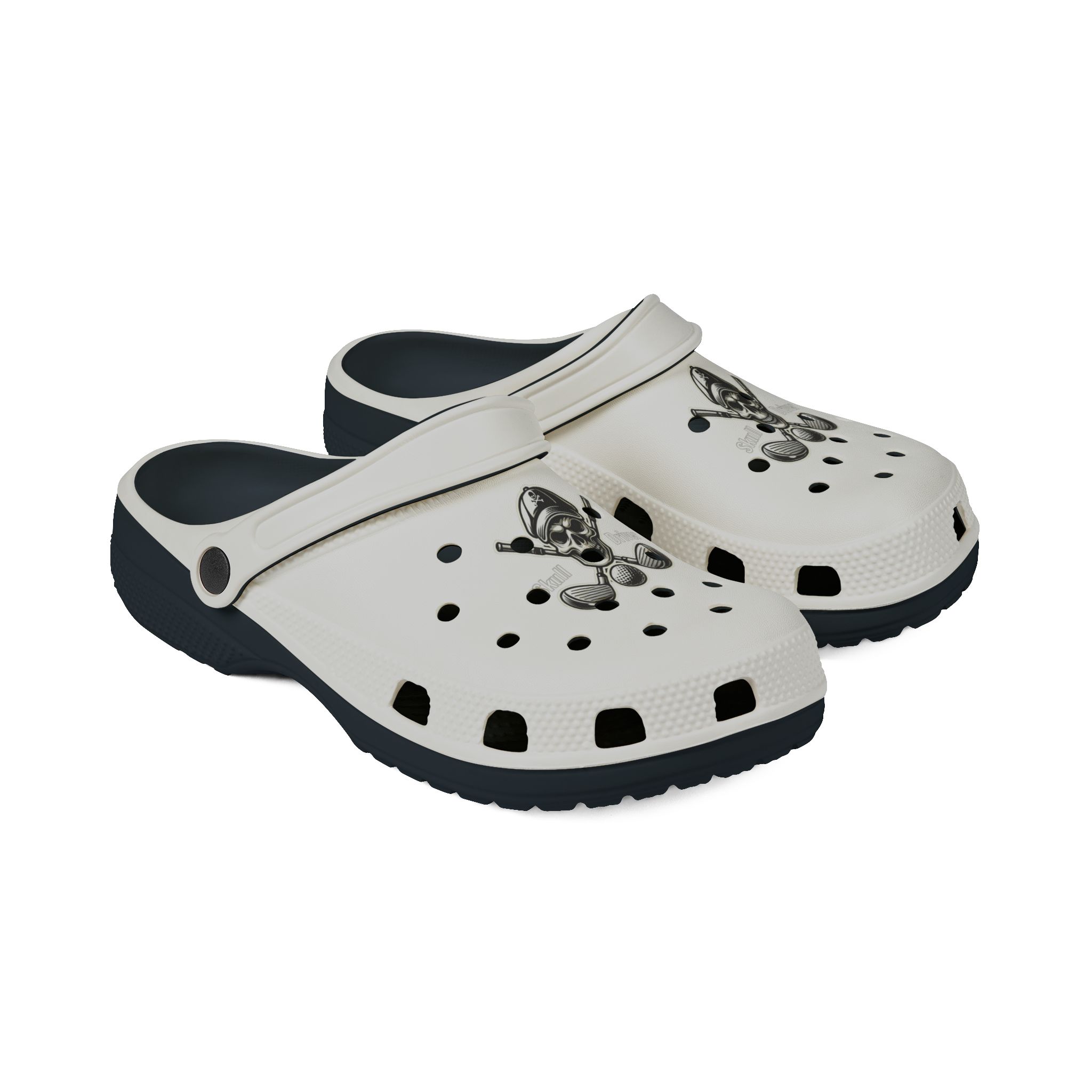 Skull and Driver Crocs-style footwear designed for comfort and style on and off the golf course.